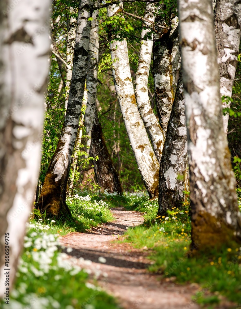 Naklejka premium Sunlit path winding through birch forest, spring blossoms lining the way