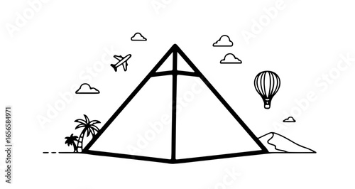 Travel adventure pyramid vacation destination with airplane hot air balloon and palm trees vector design