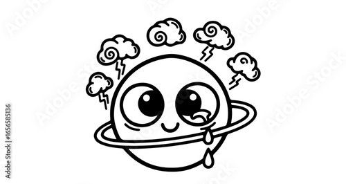 Cute cartoon planet with rings and stormy clouds vector illustration space exploration design element