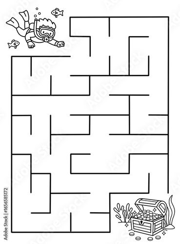 Maze activity sheet for children. Cute maze for kids. Kids labyrinth puzzle. Black and white maze puzzle game for children with illustration of diver.