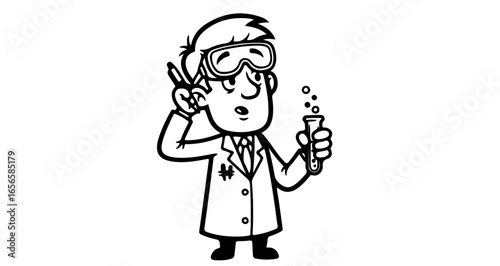 Scientist cartoon character holding test tube with goggles and lab coat illustration vector drawing design