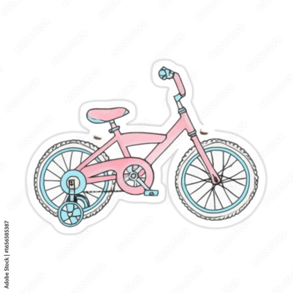 Fototapeta premium A pink and blue children's bicycle with training wheels, perfect for a young rider's outdoor adventures.