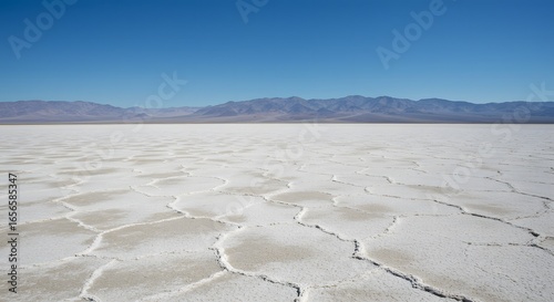 Vast Salt Flats Under a Clear Blue Sky with Distant Mountains