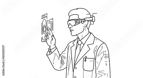 Doctor using augmented reality glasses interacting with digital interface technology device screen
