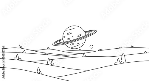 Outlined planet saturn landscape drawing for coloring page space exploration and astronomy education art
