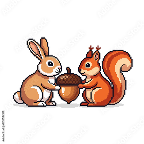 A charming pixel art illustration of a bunny and a squirrel sharing an acorn, set against a simple background.