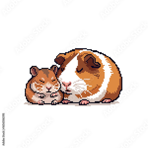 Two adorable guinea pigs cuddling with each other.