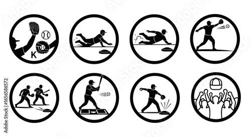 Baseball game icons showing different actions of players and fans.