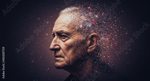 Elderly Man with Abstract Dissolving Head – Alzheimer’s Disease, Dementia and Memory Loss Awareness