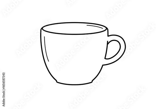 A line drawing of a coffee mug featuring a rounded body and a handle on the right side