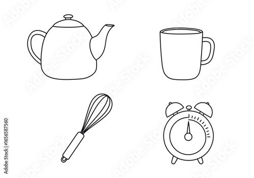 Black outline drawing of a teapot mug whisk  an alarm clock