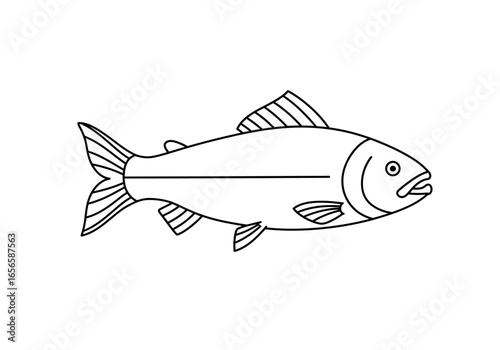 Black outline drawing of a fish with dorsal and caudal fins on a white background