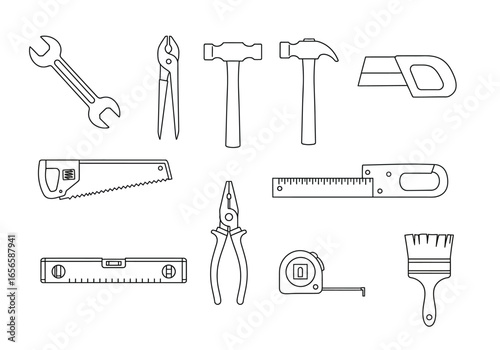 Line art shows an array of tools wrench pliers hammer saw level tape measure and paint brush