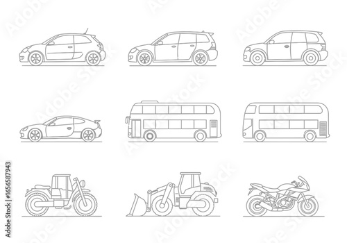 Lineart transport grid displays cars buses construction vehicles and motorcycles