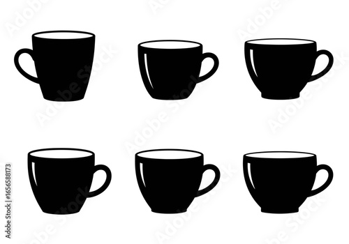 Six black coffee cups arranged in two rows all with white rims and handles on a white background