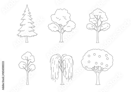 Six tree outlines with different shapes of canopies and types laid out in two rows of three