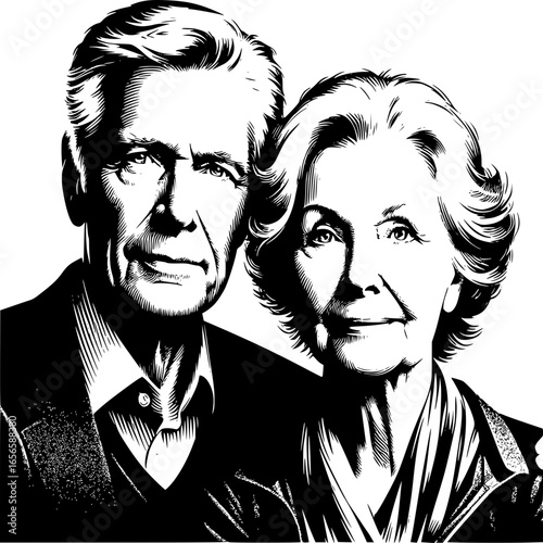 Timeless Bond: A loving elderly couple shares a tender moment. The elegant portrait exudes warmth and familiarity.