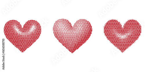 Bitmap pixel heart shapes with halftone pattern. Abstract aesthetic graphic elements. 2000s vector design set. Trendy symbol of love with bit effect.