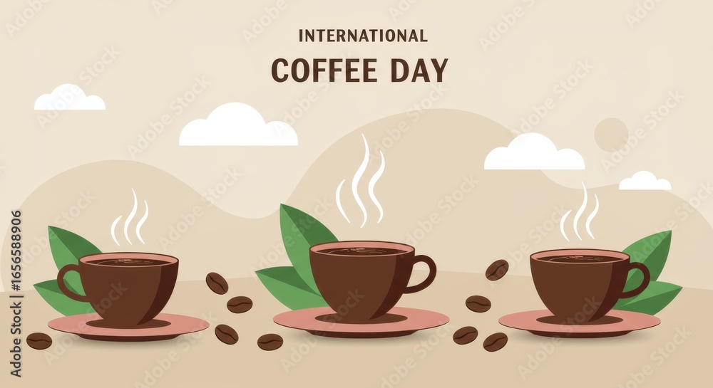 Obraz premium Flat Style Coffee Cup Illustration with Beans and Leaves for International Coffee Day 