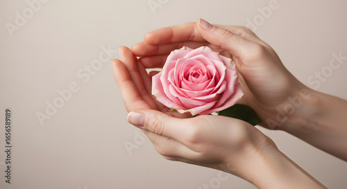 Elegant Hands with Manicure Holding Pink Peony