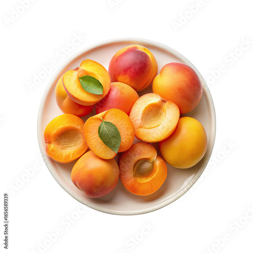 Fresh apricots arranged beautifully on a plate against a white background, top view on Transparent background png