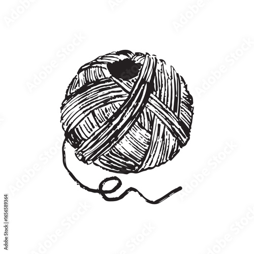 Yarn ball with thread in black brush stroke texture isolated on white. Hand drawn vector sketch illustration in vintage charcoal ink. Knitting element, sewing concept, package design, clothes