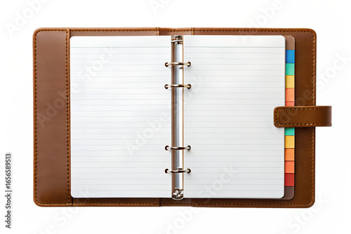 Open brown leather planner with blank lined pages and colorful tabs, isolated on a white background. Personal organizer for scheduling and note-taking.