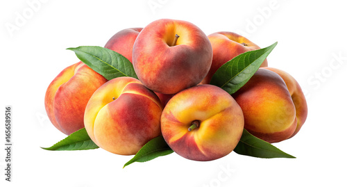 A vibrant stack of ripe peaches with green leaves on a white background on Transparent background png