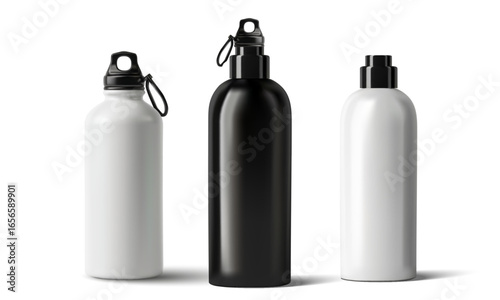 Reusable sports bottle set in white and black, realistic vector aluminum flasks with carabiner caps, isolated clean mockup for branding, camping gear, gym hydration, travel and eco product design