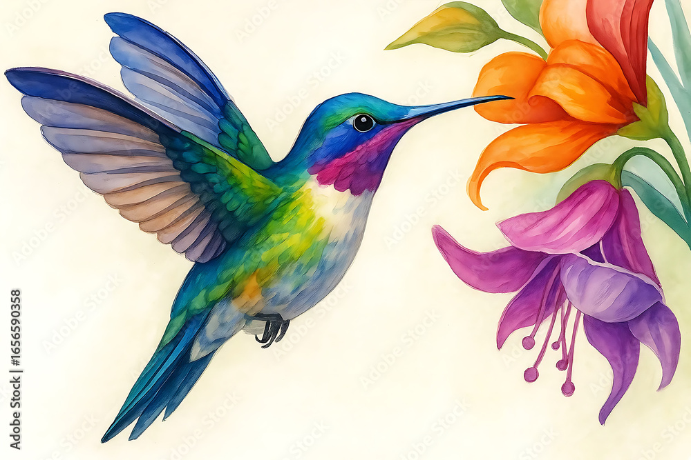 Obraz premium Vibrant hummingbird near colorful flowers flying wings 
