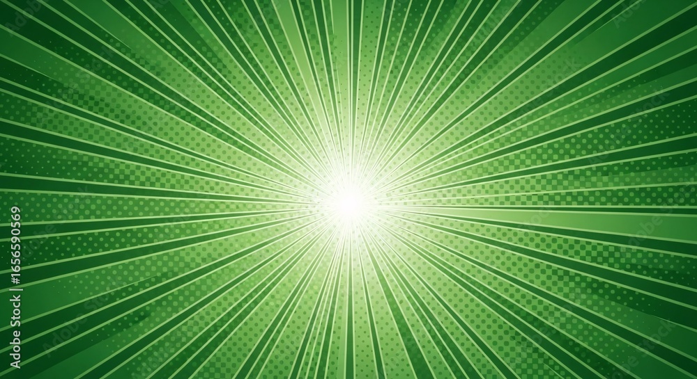Fototapeta premium Green comic style background with radiating lines and halftone dots