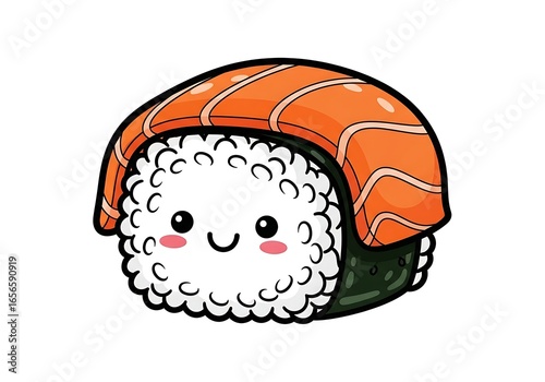 Cute Salmon Sushi Illustration Delightful Cartoon Image of a Smiling Sushi Roll