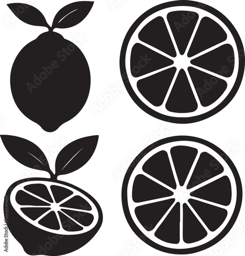 Black silhouette illustrations of a lemon and its slices