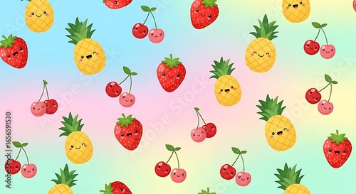 Cheerful Fruit Pattern A Playful Blend of Pineapples, Strawberries, and Cherries