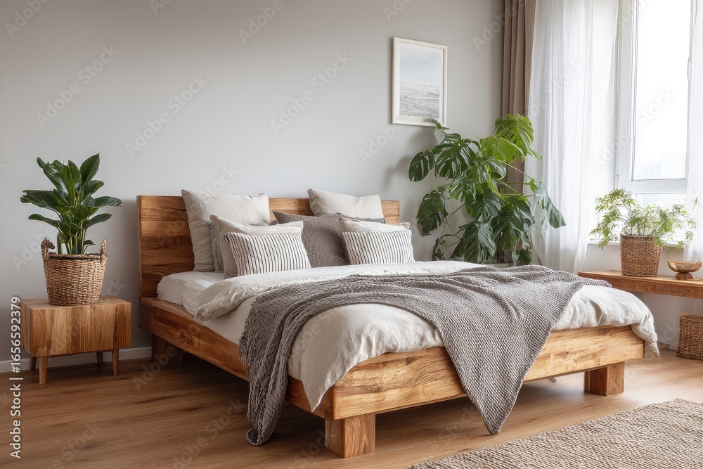 Fototapeta premium Modern bedroom interior with wooden bed