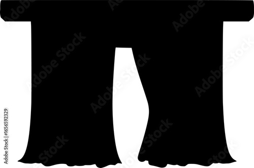 Red stage curtain hanging slightly open from a wooden bar, set against a clean white background, creating a perfect backdrop for various entertainment concepts and events