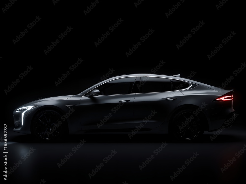 Obraz premium A photorealistic side profile silhouette of a sleek, modern electric sedan against a pure black background.