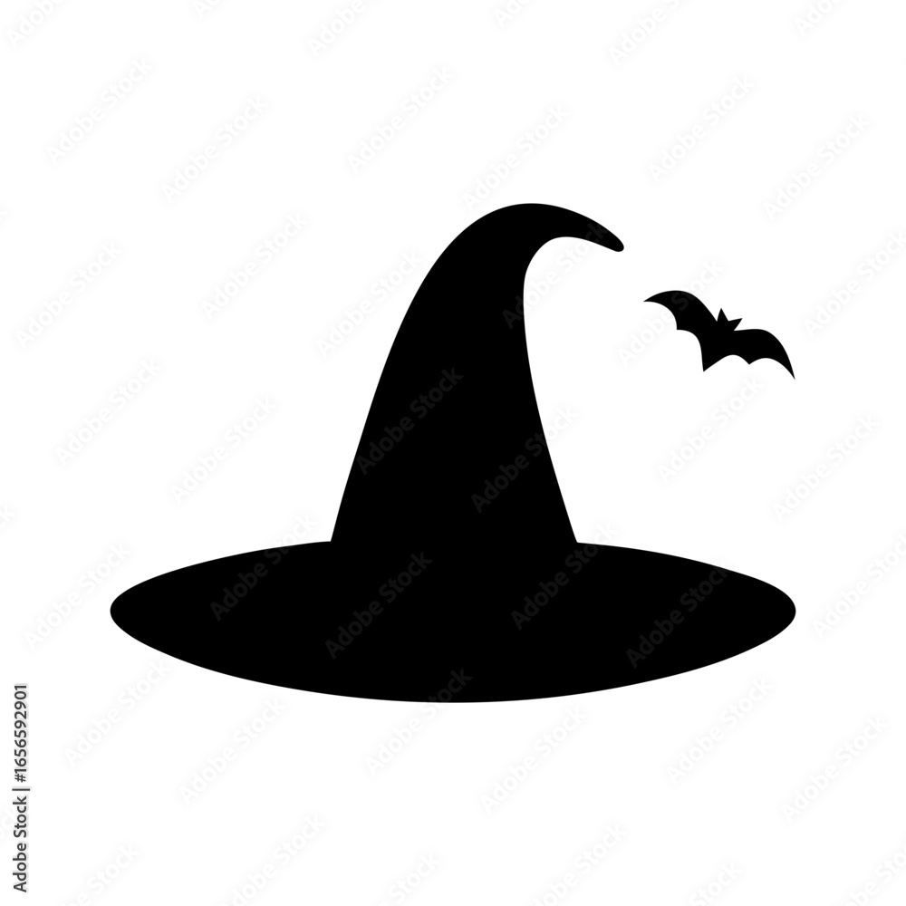 Fototapeta premium Minimal witch hat silhouette with tiny bat vector illustration on white background