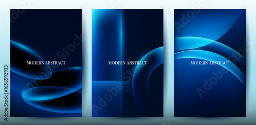 Poster Set. Modern Abstract Blue Wave on Dark Backgrounds