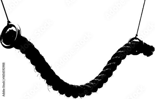 Long twisted rope connecting two metal rings, hanging and swinging freely in the air, forms an appealing curve that enhances visual interest and adds a decorative touch. vector png