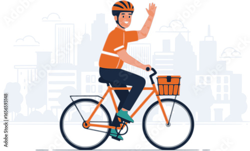 Young delivery man riding a bicycle, waving hand in greeting while delivering orders throughout the bustling city, showcasing an active and eco friendly lifestyle 