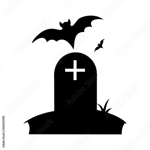 Silhouette of gravestone with bat above vector illustration with white background halloween icon