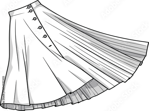 Women's Button-Front Pleated A-Line Skirt CAD Drawing Flat Vector Illustration, Fashion Apparel Template for Flowy Design and Production