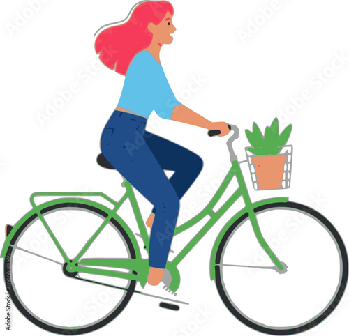 Young woman with vibrant pink hair riding a green bicycle, enjoying a leisurely journey through the city while embracing a healthy and sustainable lifestyle filled with freedom and fun