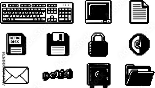 Pixel art computer icons. Tech devices, pixelated computer keyboard and screen, digital file, retro disk, security lock, email, safe and folder symbols. Office equipment 8 bit vector set.