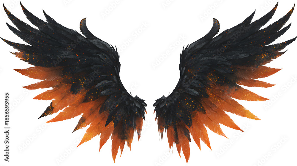 Obraz premium spooky orange glowing black demon wings isolated on white background, HD realistic