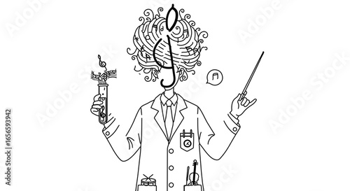 Conceptual musical scientist with treble clef head and music notes for creative art design drawing style