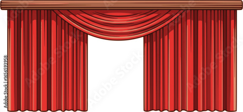 Red stage curtain hanging slightly open from a wooden bar, set against a clean white background, creating a perfect backdrop for various entertainment concepts and events
