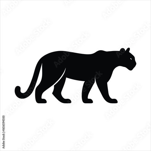 Silhouette of a black panther walking gracefully on a white background