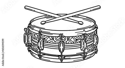 Illustration of a snare drum with drumsticks for music lessons and percussion instrument education materials design